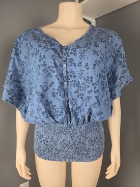 Blue Floral Button-Front Smocked-Waist Women’s Blouse